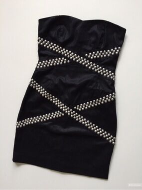 Strapless Black Satin Pearl-Embellished Bodycon Mini Dress